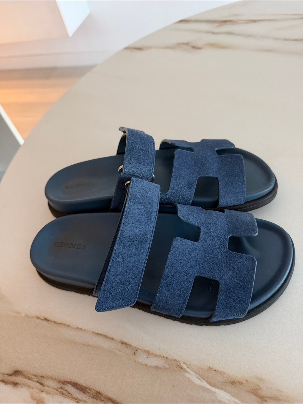 Hermes Navy Suede Chypre Sandals